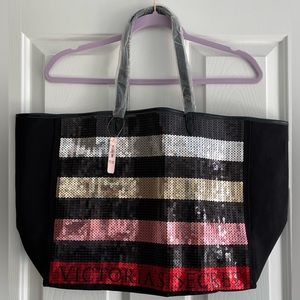Victoria's Secret NWT Black Multi Color Sequins Striped Large Tote Bag 16” x 13”